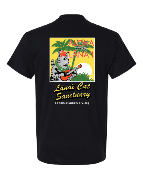This is a picture of the back of our Mens Black T-shirt. It Shows a cat in Hawaii sitting under a coconut tree wearing a lei and playing the ukulele