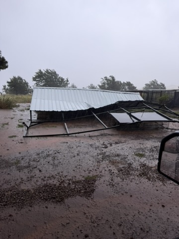 A carport destroyed by Hurricane Lala at Lānaʻi Cat Sanctuary